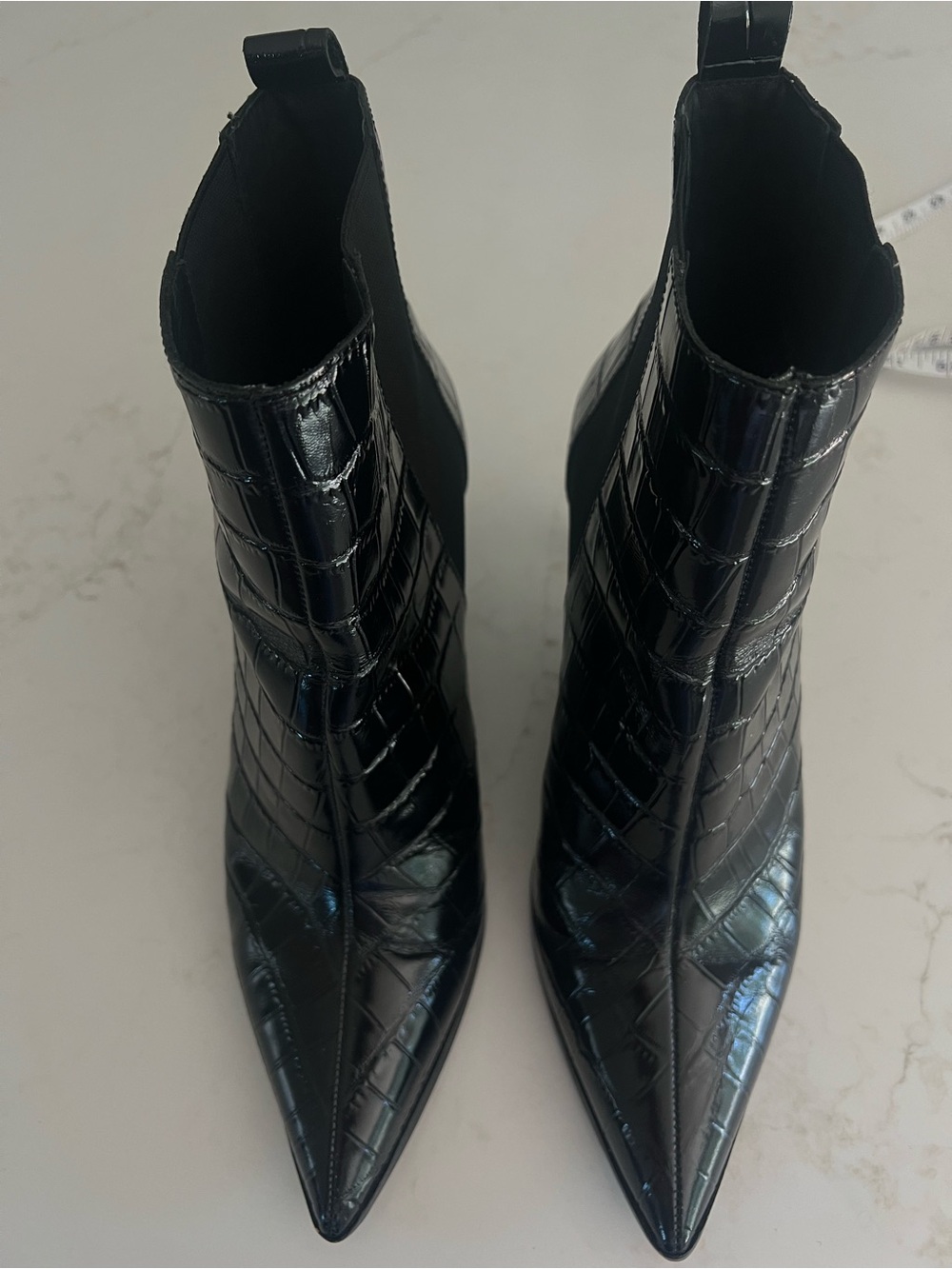 42 Gold Black Croc Embossed Chelsea Ankle Boots Pointed Toe Stiletto Heel 11